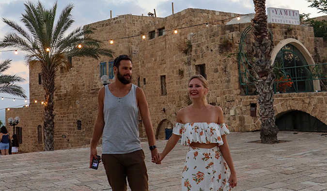 Anastasia Schmalz and Tomer Arwas of Generation Nomads at Jaffa during sunset