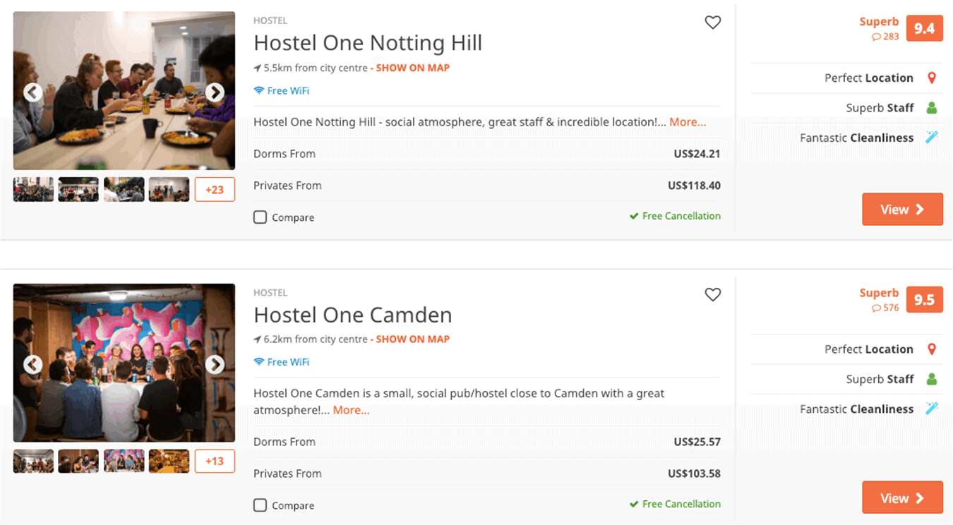 hostel search listings for London, England