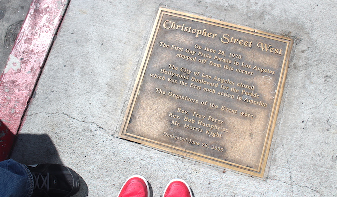 a plaque for Christopher Street, where the first gay pride parade in Los Angeles started