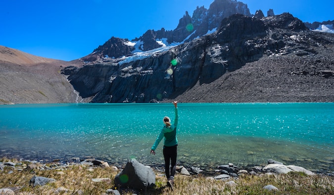 Kristin Addis posing near the Cerro Castillo Glacier in Patagonia