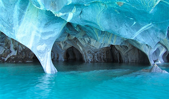The stunning colors and shapes of the interior of the Marble Caves in Patagonia