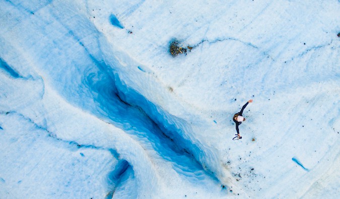 A drone shot of Kristin Addis standing on the Exploradores Glacier in Patagonia