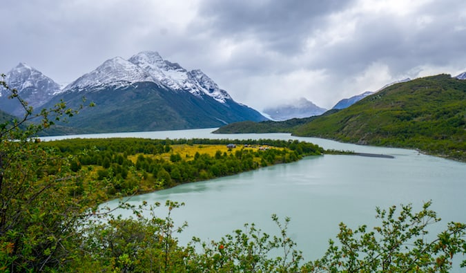 A calm glacial lake near Refugio Dickson in Patagonia