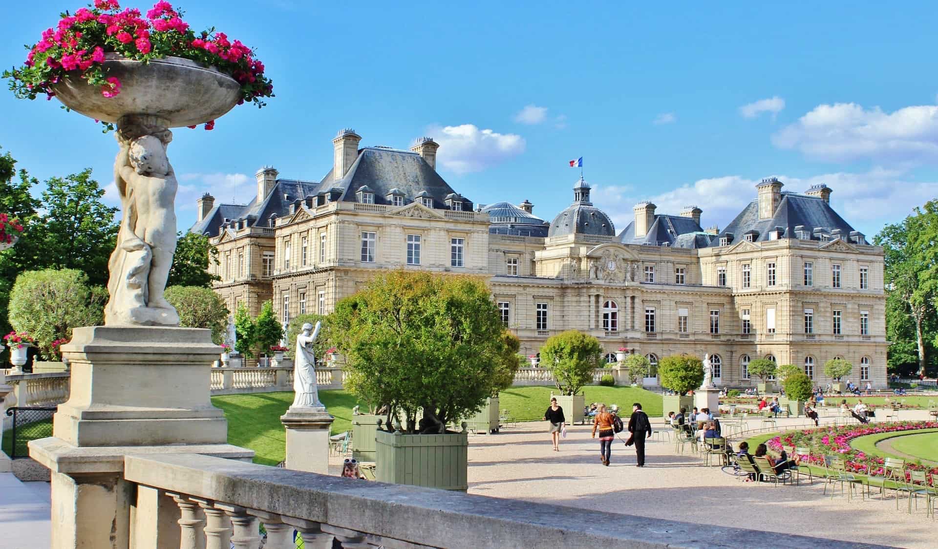 The scenic Gardens of Luxembourg in Paris, France on a bright summer day