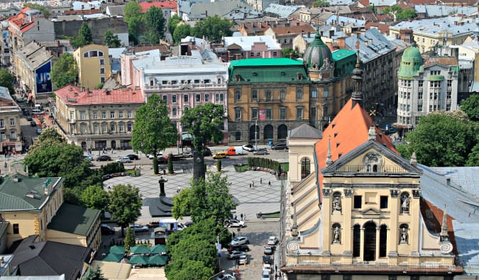 Beautiful buildings at an old town square in Eastern Europe