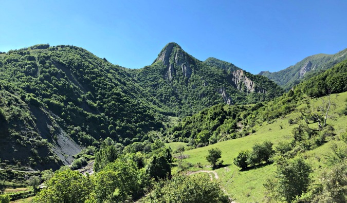 Rugged but lush green mountains rolling into the distance in Azerbaijan