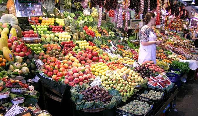 A small fruit stand in the bustling Boquería in Barcelona, Spain