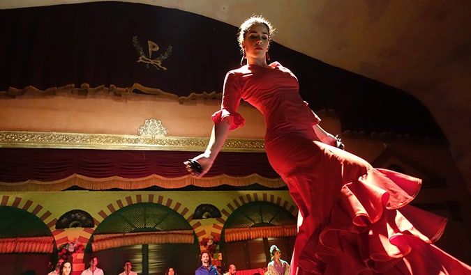 Flamenco dancers performing on stage in Barcelona, Spain