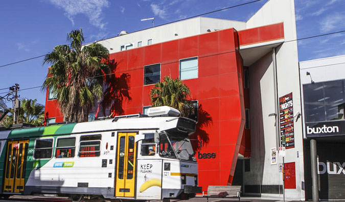 The exterior of the Base St. kilda Hostel in Melbourne, Australia