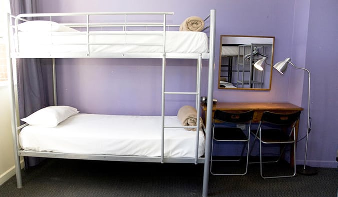 Basic dorm room with bunk beds and desk at Sydney Big Hostel in Sydney, Australia