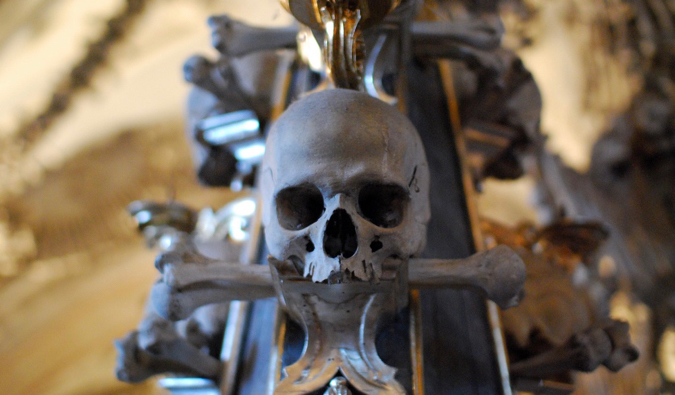 A cracked skull in the sedlec ossuary in Prague