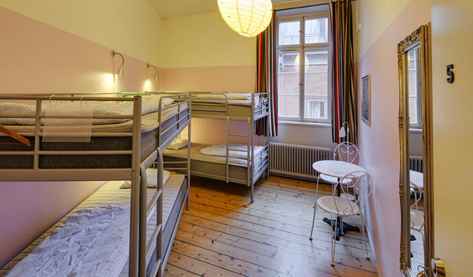 Basic dorm room with bunk beds and wooden floors at Castanea Old Town Hostel, Stockholm