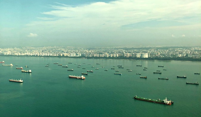 Cargo ships in the waters off Singapore