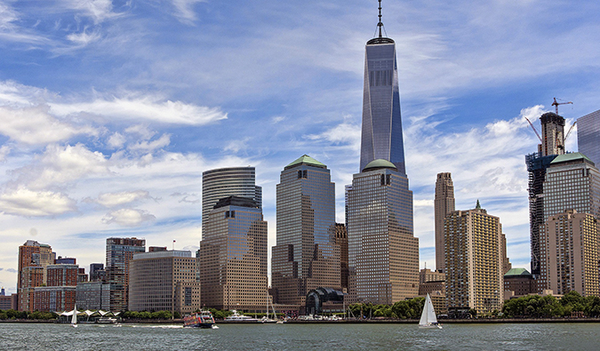 view of NYC's skyline in the Financial District