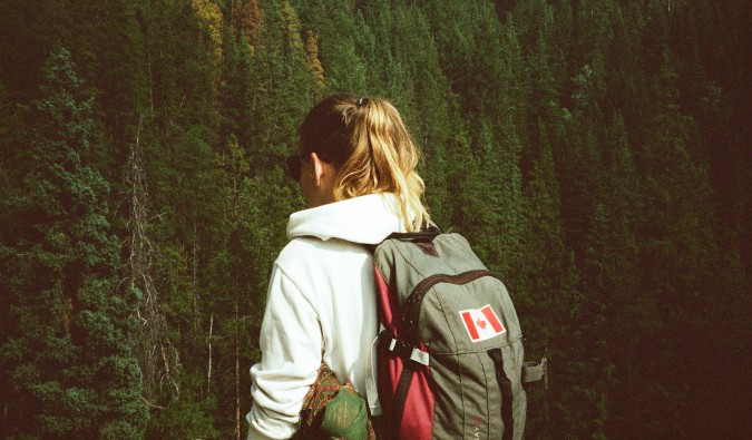 A travel backpack with a Canadian flag on it