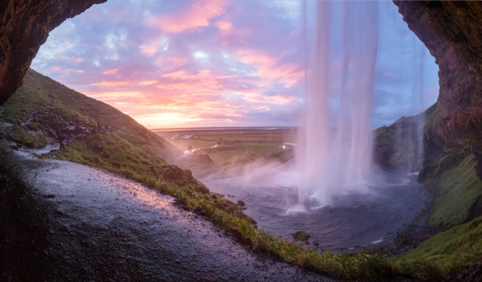 The Seljalandsfoss waterfall at sunset in Iceland