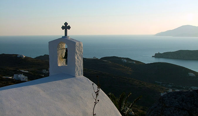 A stunning view of the island of Ios in Greece looking out of the gorgeous blue water