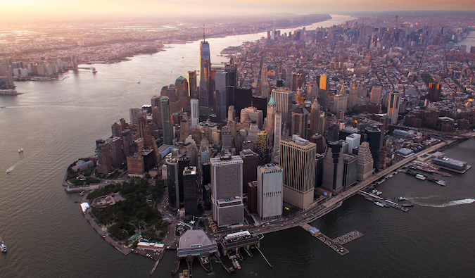 The iconic skyline of NYC as seen from above over Manhattan