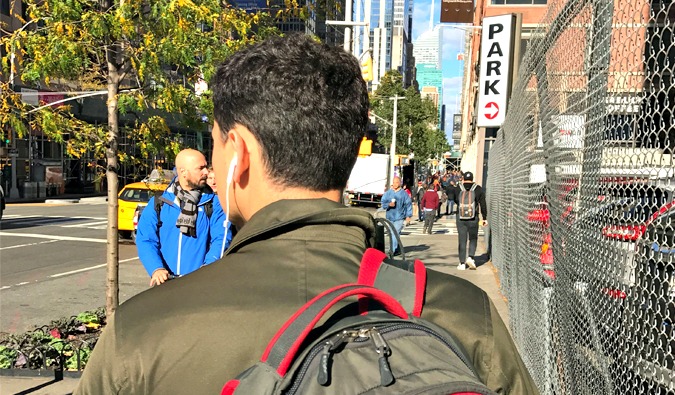 Nomadic Matt walking down the street in NYC