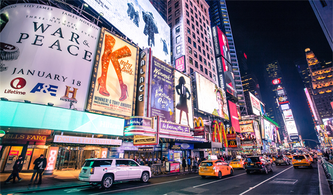 The bright lights of Times Square, NYC all lit up at night