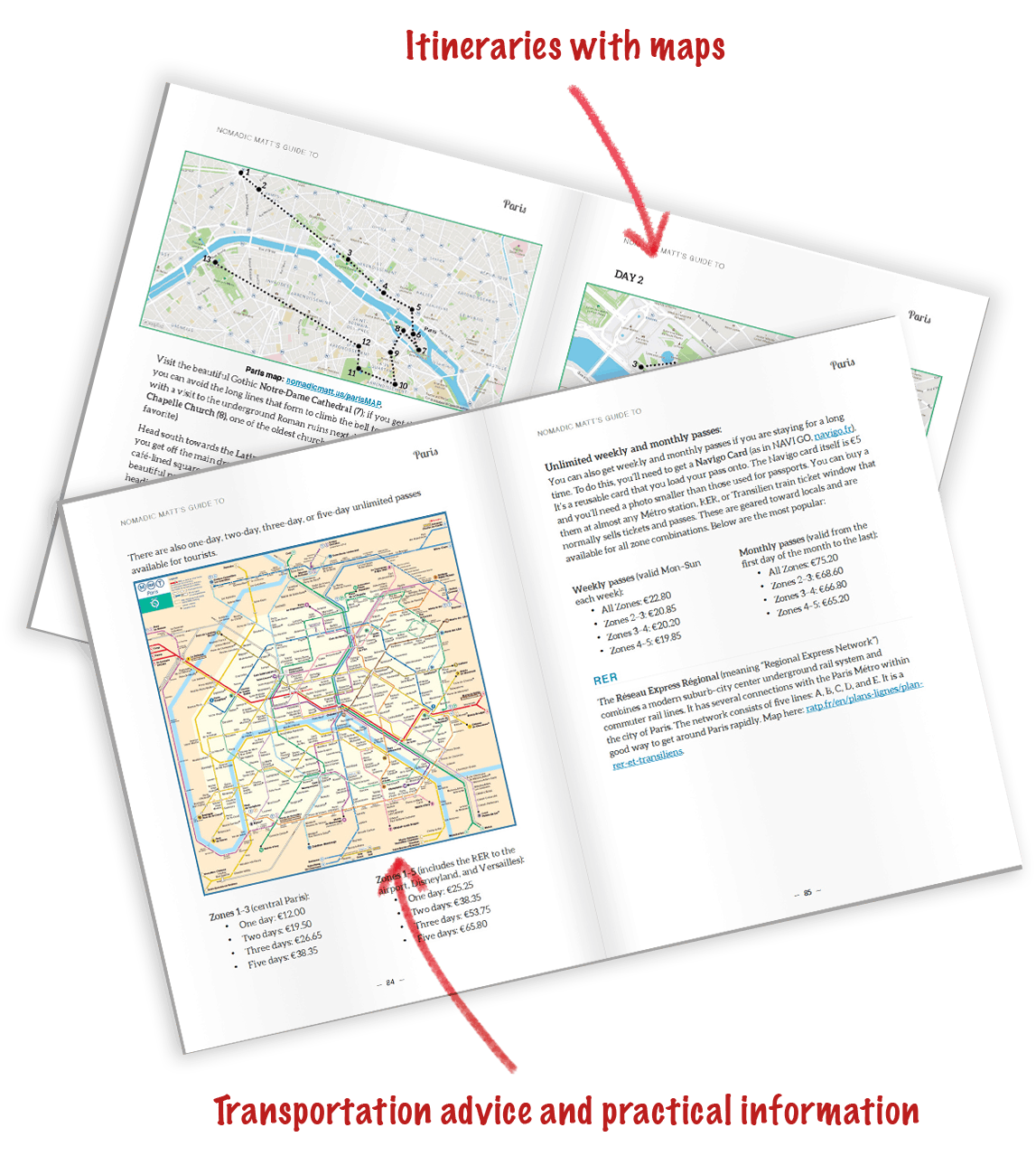 screenshot of itineraries in paris from the guidebook