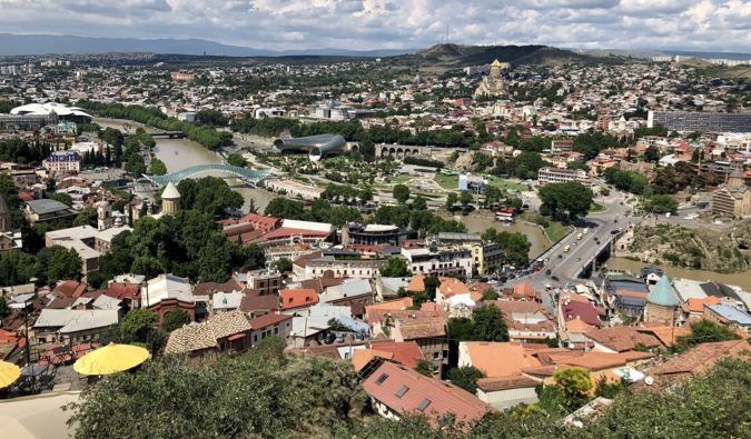 A view overlooking the many colorful rooftops of Tbilisi, Georgia