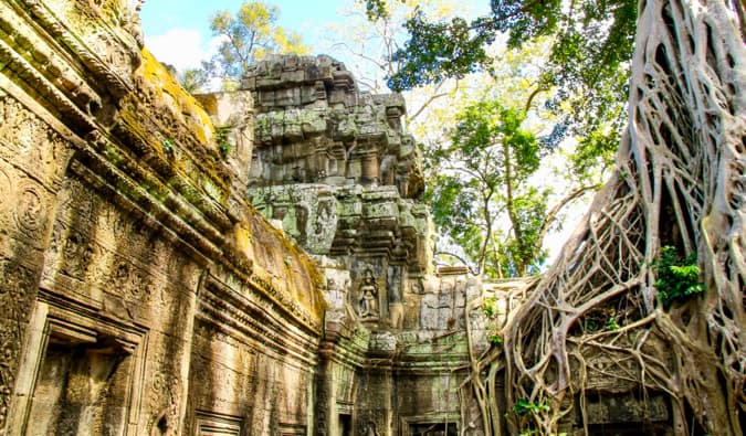 One of the many ancient temples surrounded by trees at Angkor Wat in Cambodia