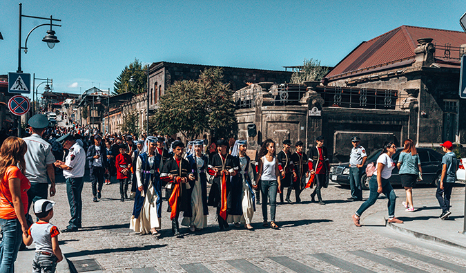 people walking down a crowded street in Armenia