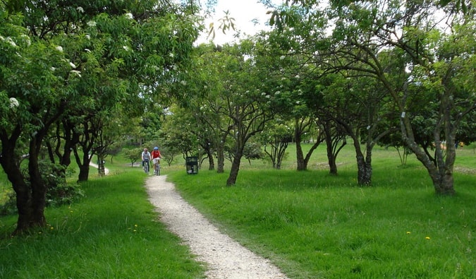 Locals cycling on a bike path in Simon Bolivar Park in Bogotá