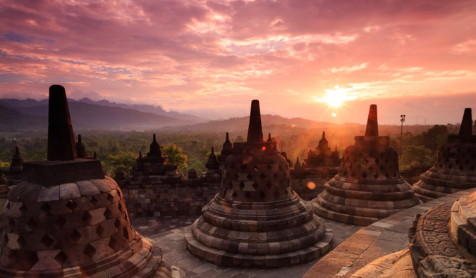 a stunning photo of Borobudur at sunrise