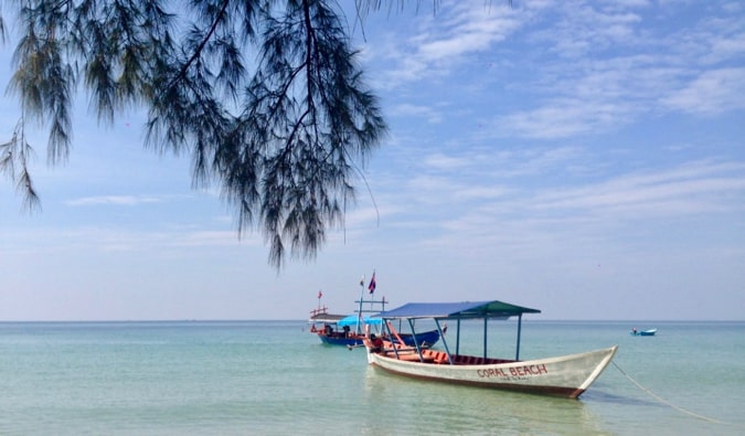 A small boat on the beach in Sihanoukville, Cambodia