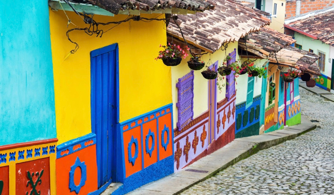 The colorful and bright buildings of a narrow street in Bogota, Colombia