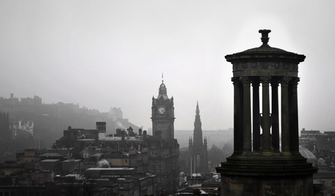 A black and white photo of the historic architecture of Edinburgh