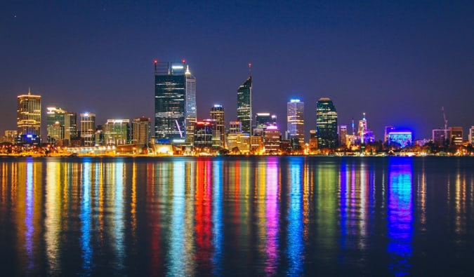 The skyline of Perth, Australia lit up at night