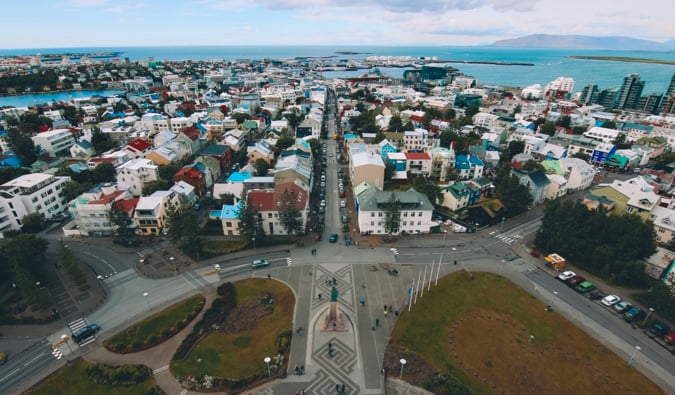 a birds-eye view of the Icelandic capital of Reykjavik as seen from the city's large church's large church