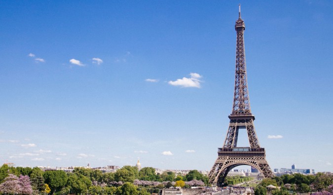 A Eiffel Tower on a bright, sunny day in Paris, France