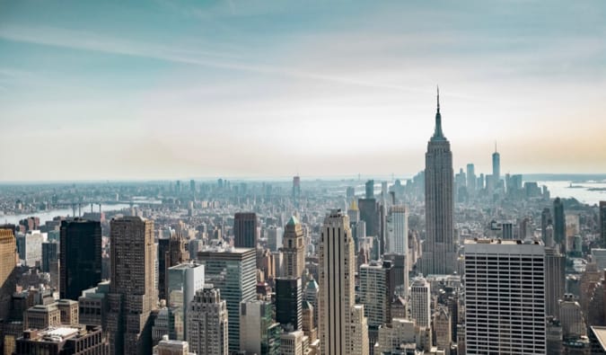 The busy skyline of New York City on a sunny summer day