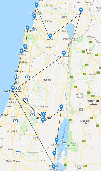 a map for the suggested driving route around Israel