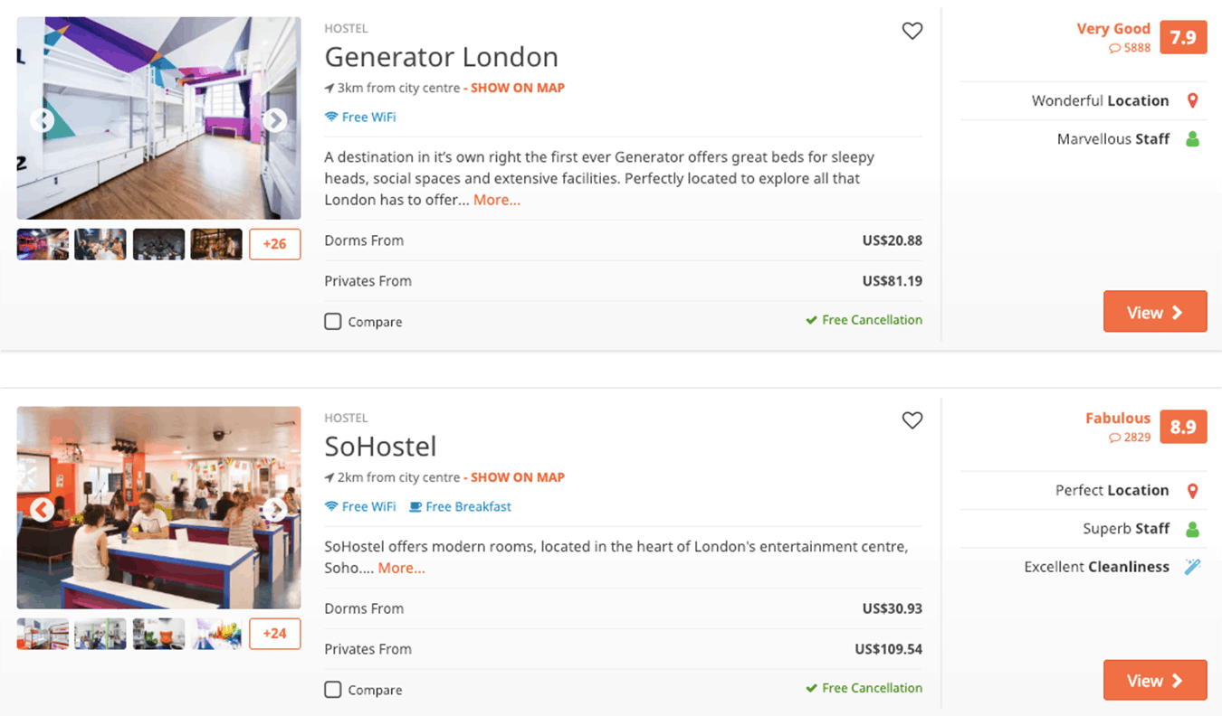 hostel search listings for London, England