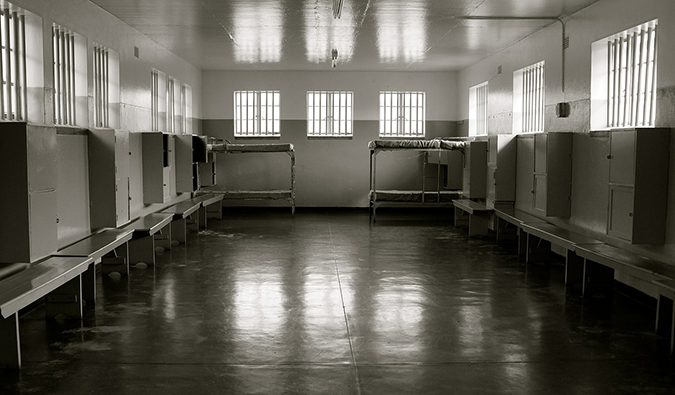 black and white photograph of the jail where Nelson Mandela was kept