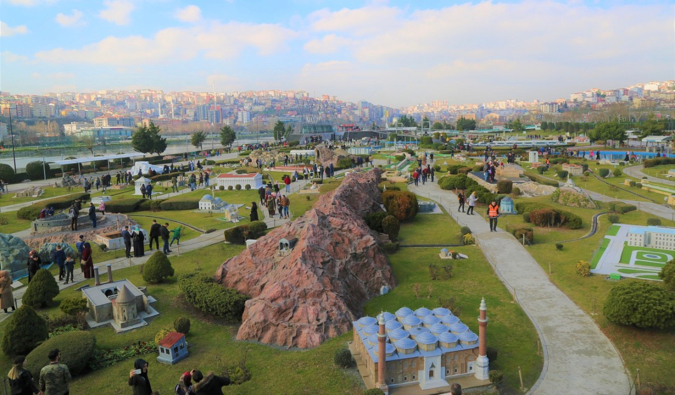 Small statues and tourists at the Miniaturk park in Istanbul, Turkey