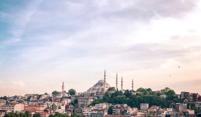 A sweeping view over Istanbul with a massive mosque in the background