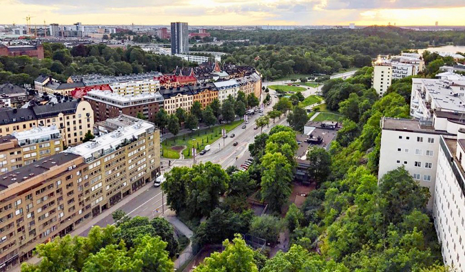 Overlooking the Vasagatan area of Stockholm, Sweden at sunset