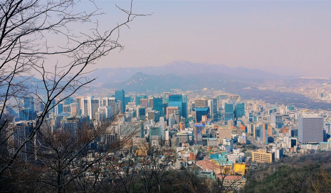 The view overlooking the city of Seoul, Korea with tree branches in the foreground