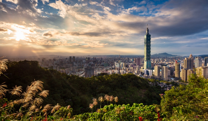 Overlooking the massive city of Taipei, Taiwan on a cloudy day