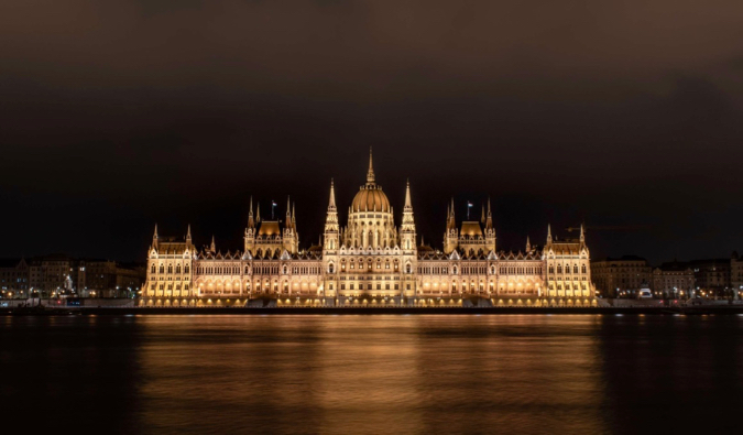 The parliament building in Budapest, Hungary lit up at night