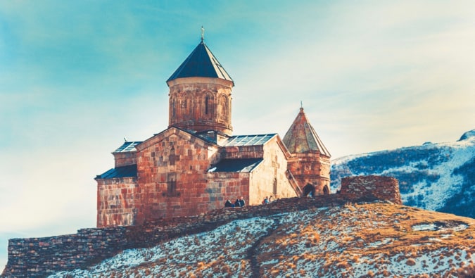 The medieval Gergeti Trinity Church in Georgia