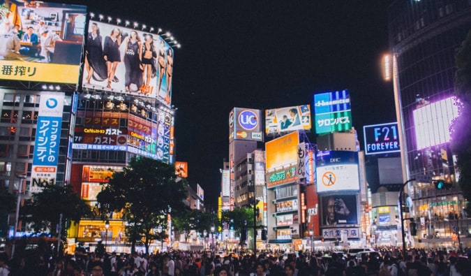 The busy Shibuya intersection in Tokyo, Japan at night