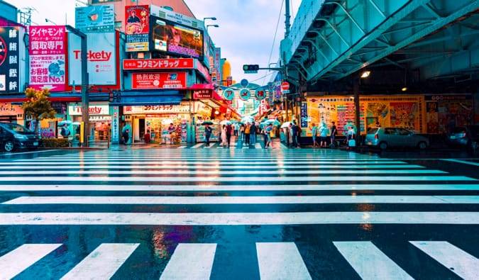 One of the many busy intersections in Asakusa, Tokyo, Japan as it rains