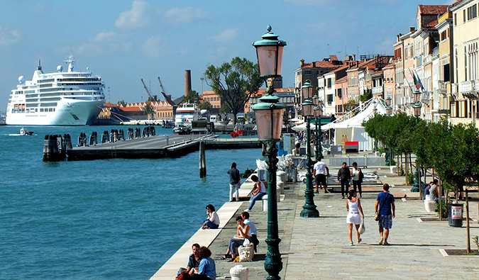 a cruise ship waiting in a port in Venice